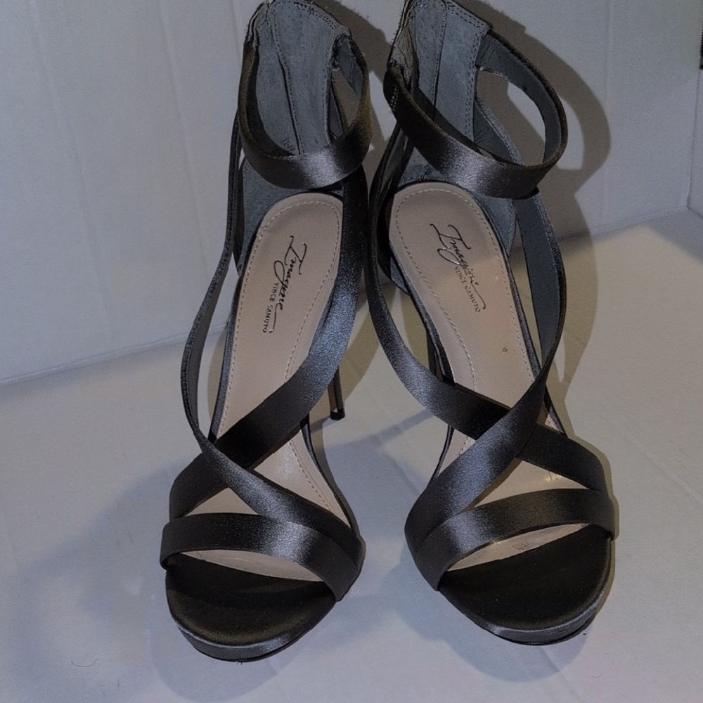Vince Camuto Black Satin Crisscross Ankle Strap Heels